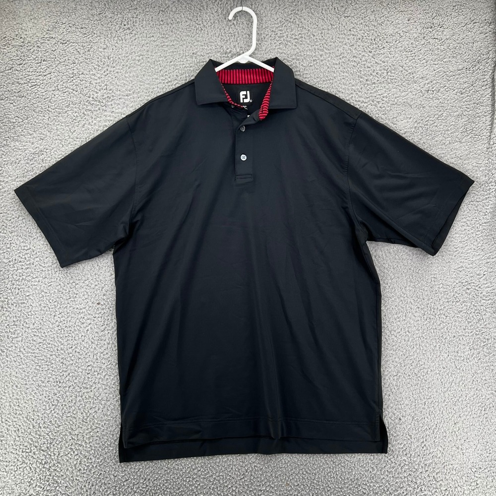 FootJoy Mens Golf Polo Shirt Black Short Sleeve Red Striped Collar Size Large